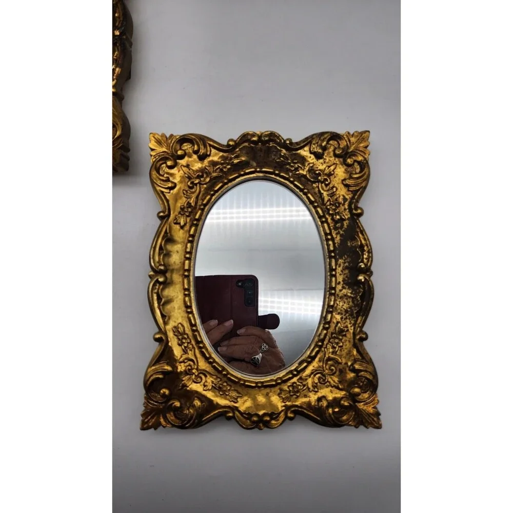 Vintage Set Italian Resin Frame Gilded Wall Mirrors Floral Motif 9"x 7" READ - Picture 2 of 12